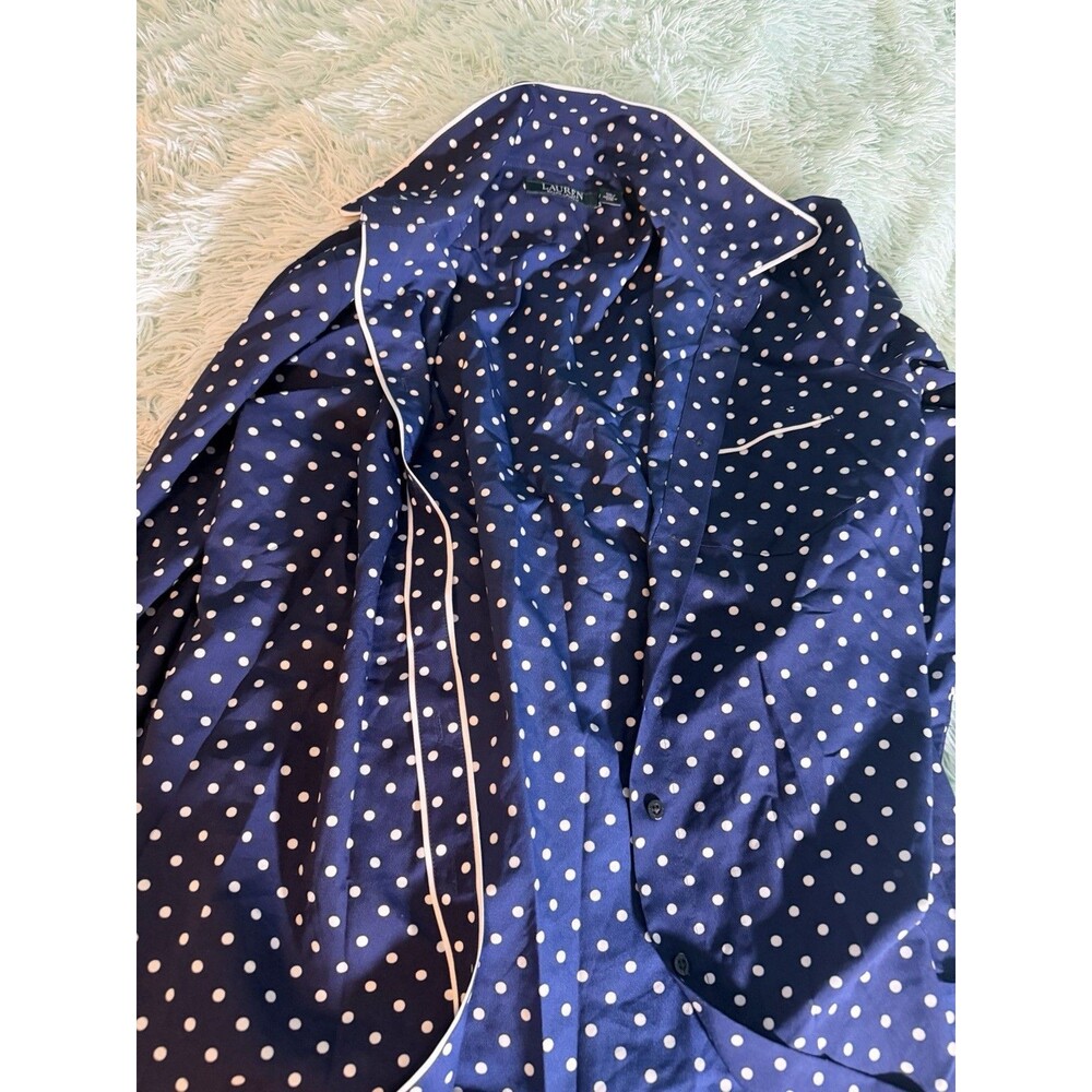 Lauren Ralph Lauren Navy Polka Dot Satin Everyday Top Women's Sz M Blouse Shirt